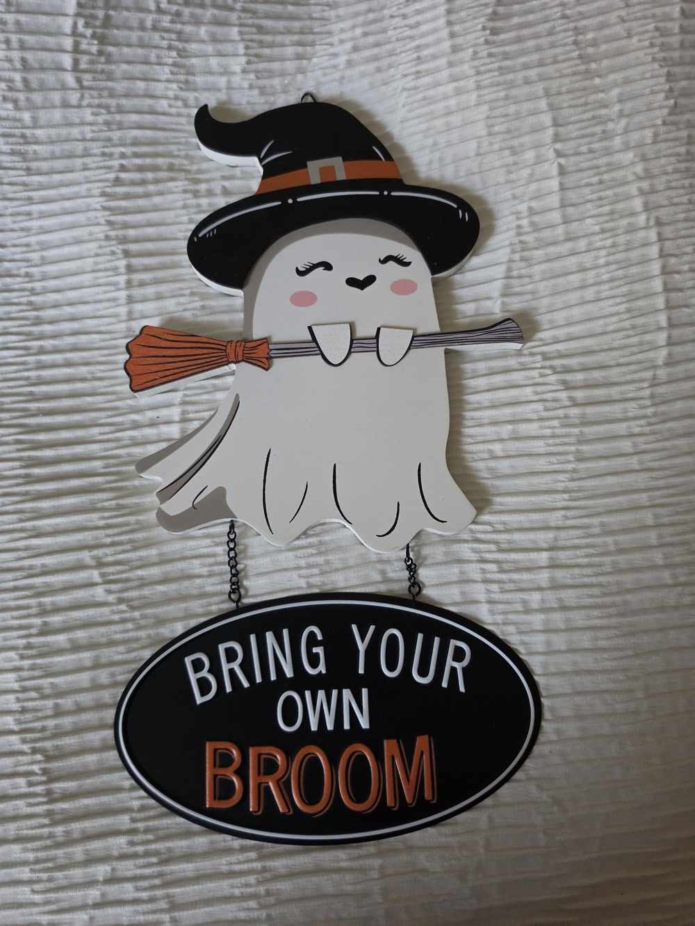Cute Halloween Ghost Wall Sign - White & Black with Orange Accents